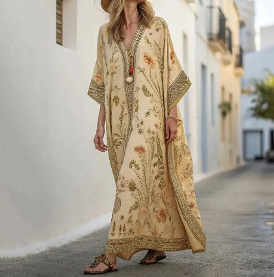 Long Sleeve Kaftan Linen Vacation Maxi Dress