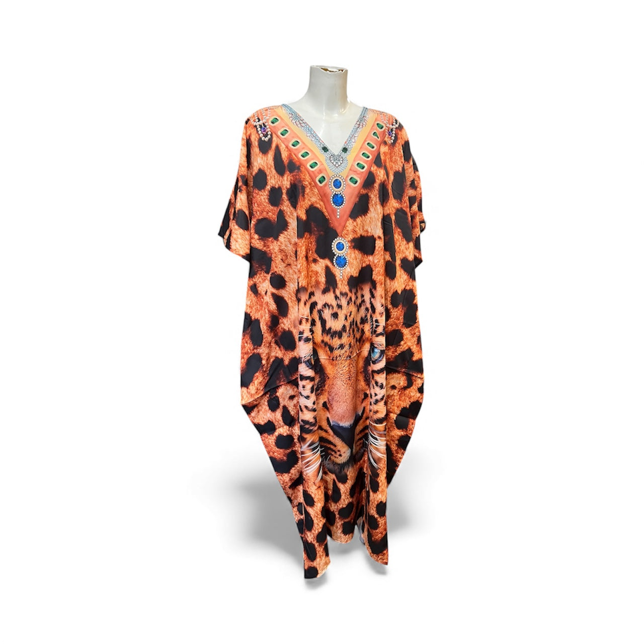 Leopard print jewelled V neck Kaftan