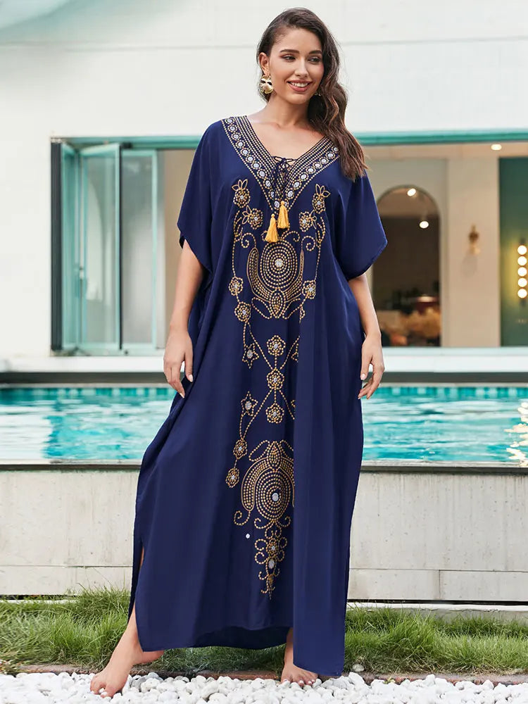 Deep V Neck Embroidery Printed Plus Size Kaftn