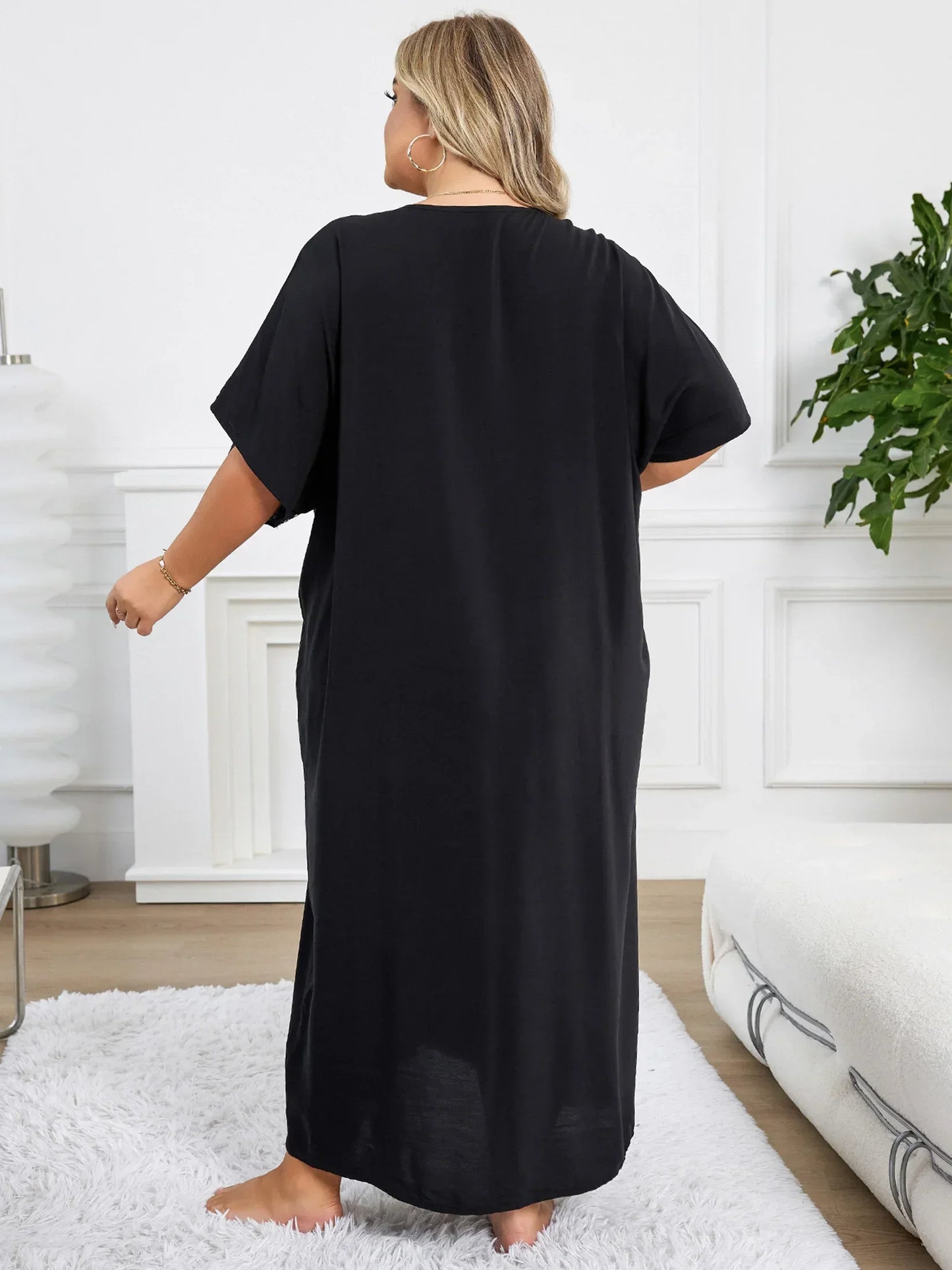 Chic Black Embroidery Floral Printed V Neck Kaftan