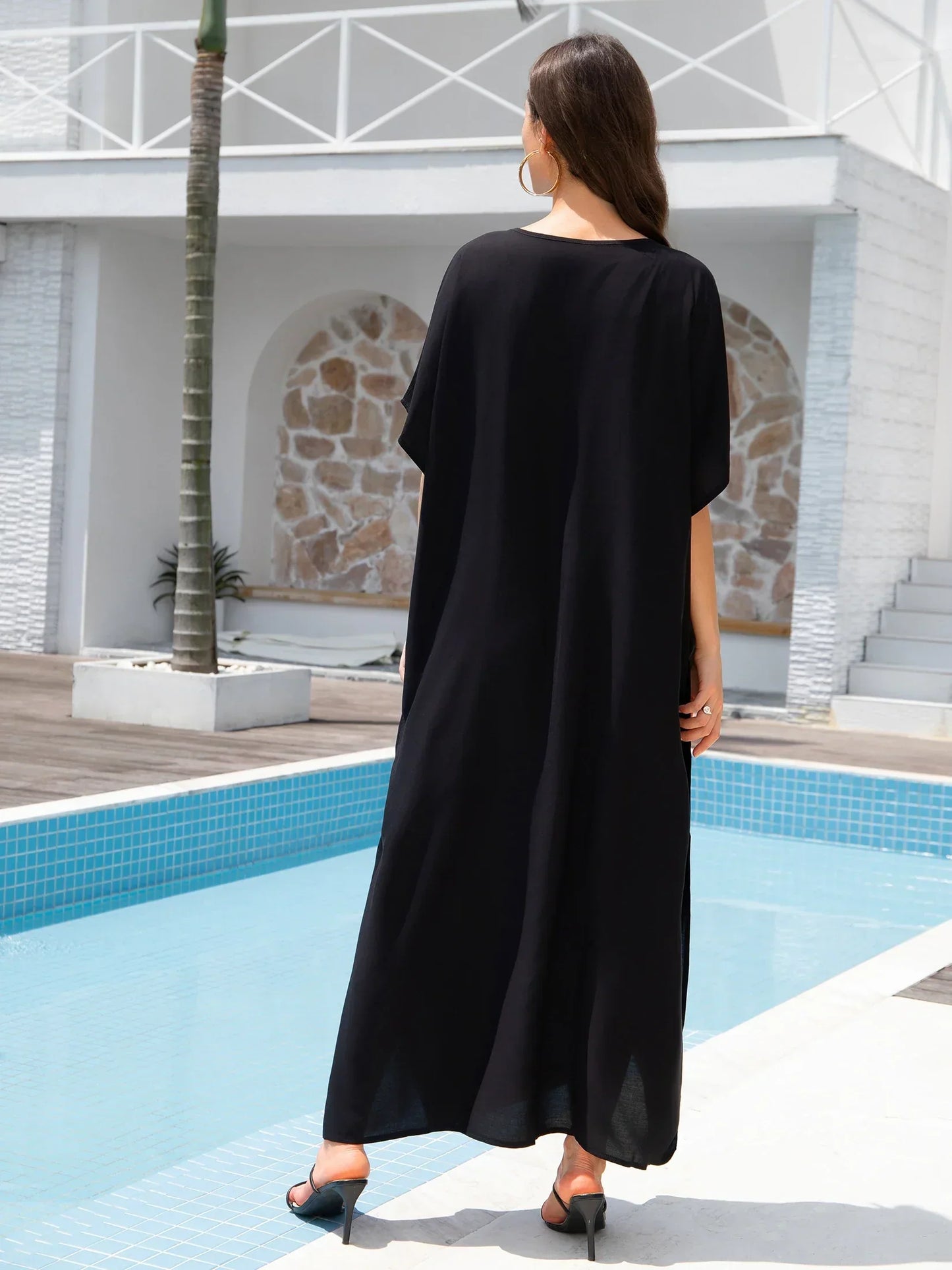 Bohemian Gold Embroidery Printed Batwing Sleeve Kaftan Dress