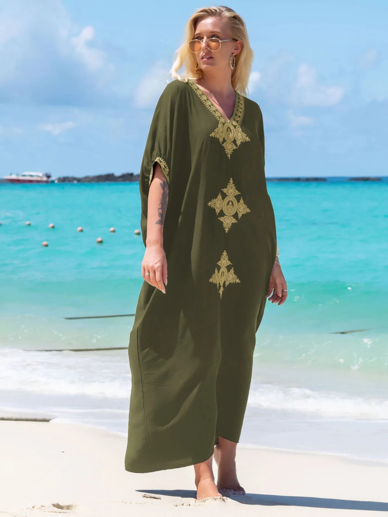Women's Embroidery Swimsuit Cover Ups Beach Cover Up Caftan Plus Size Vneck Rainbow Ethnic Print Kaftan Batwing