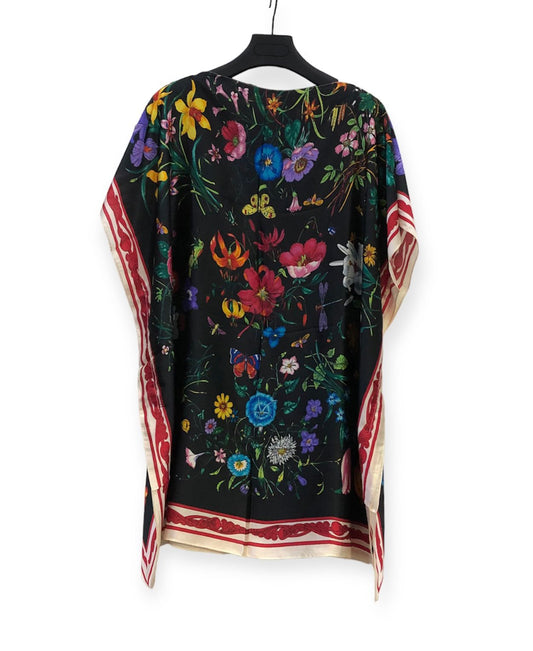 Floral design short kaftan, black