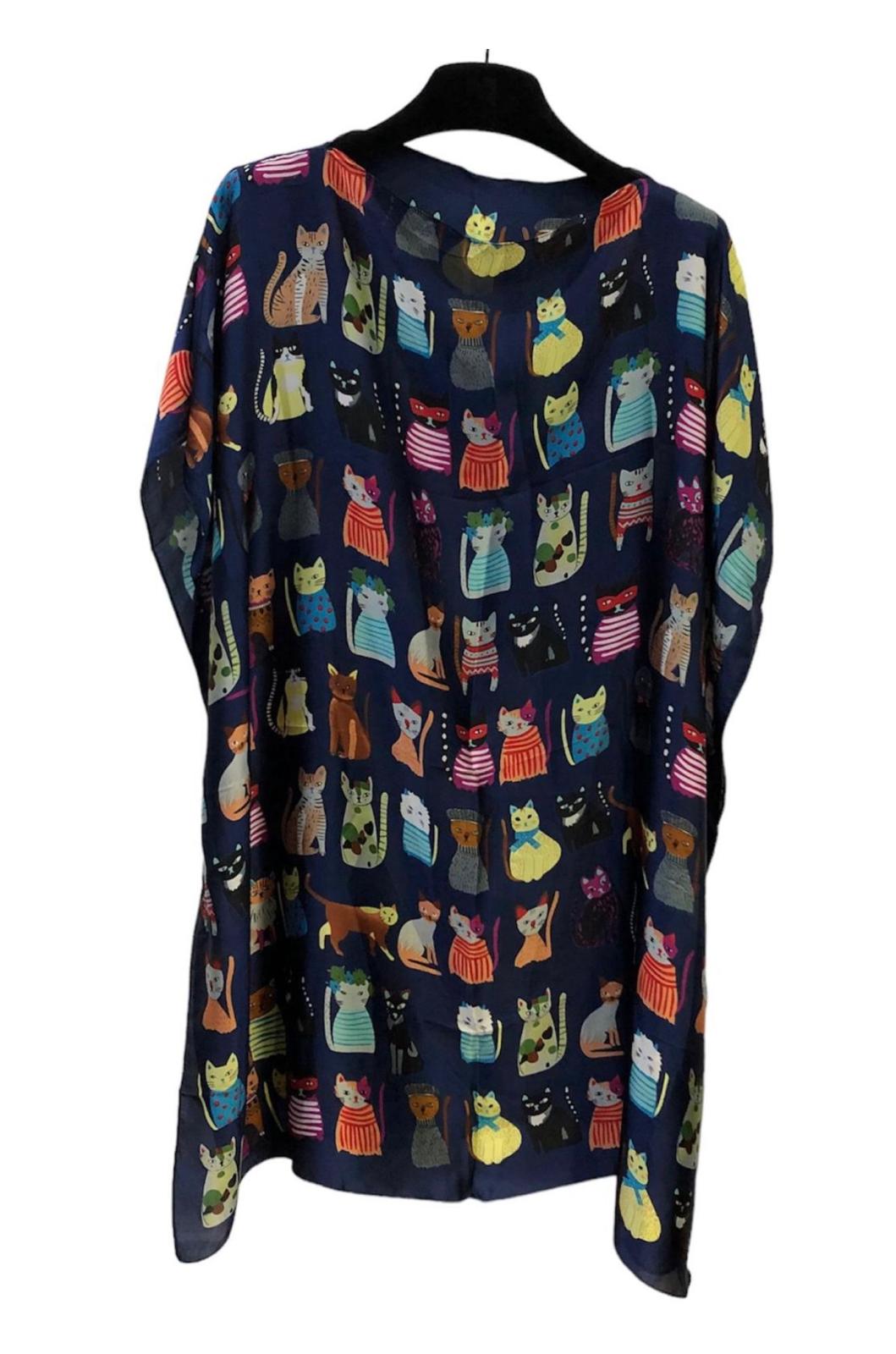Blue Silky Kaftan With Cats