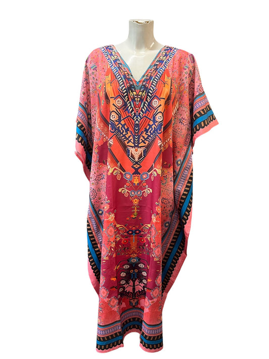 Elaborate peach and blue v neck kaftan