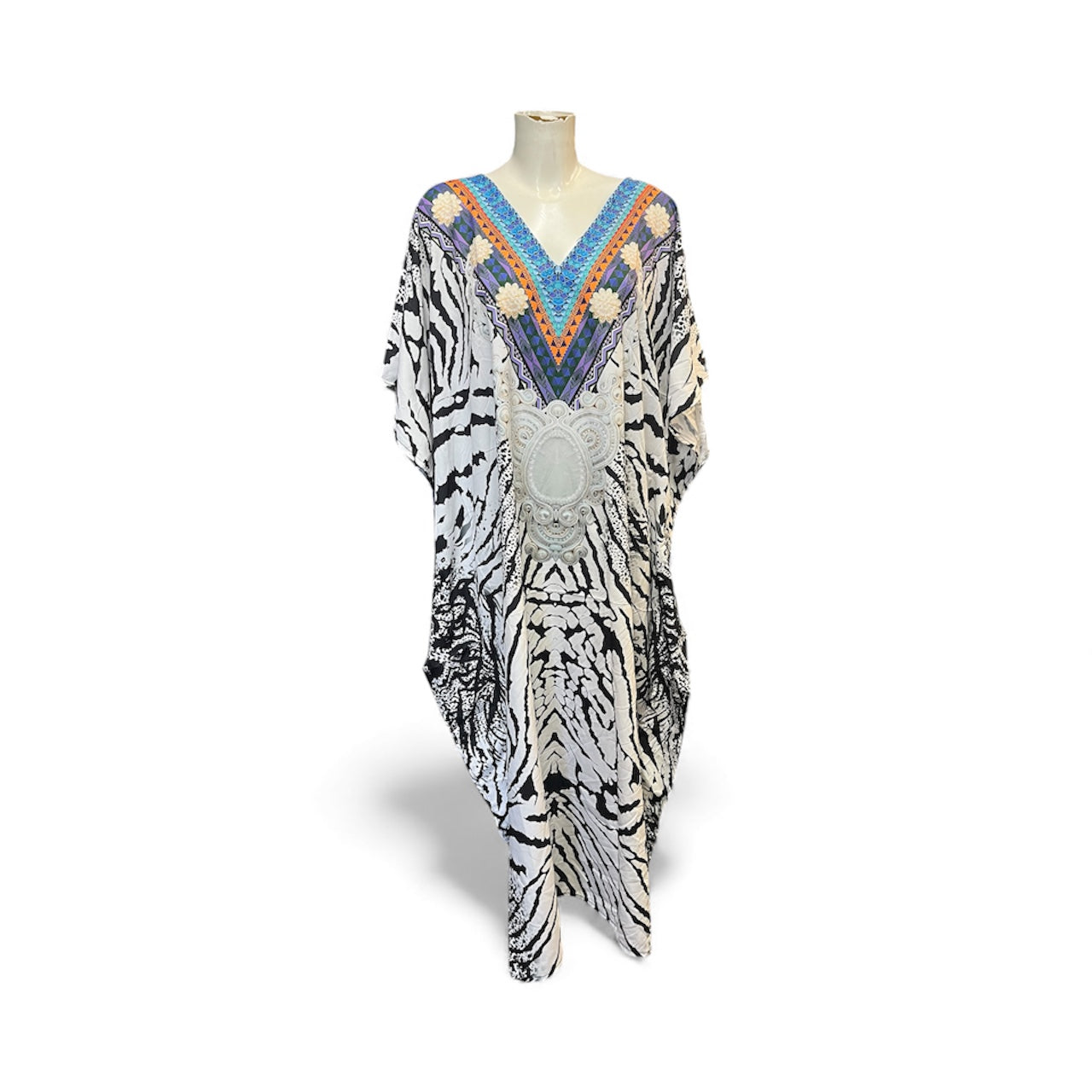 Black and white animal print with jewelled V neck