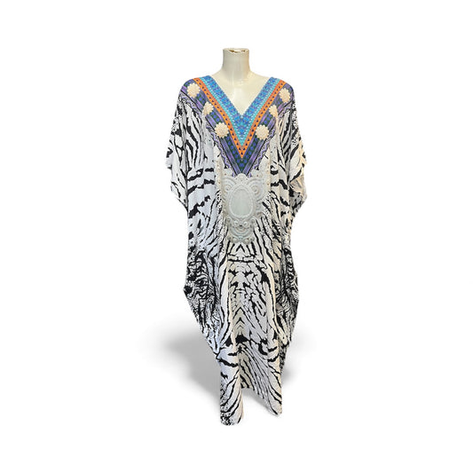 Black and white animal print with jewelled V neck