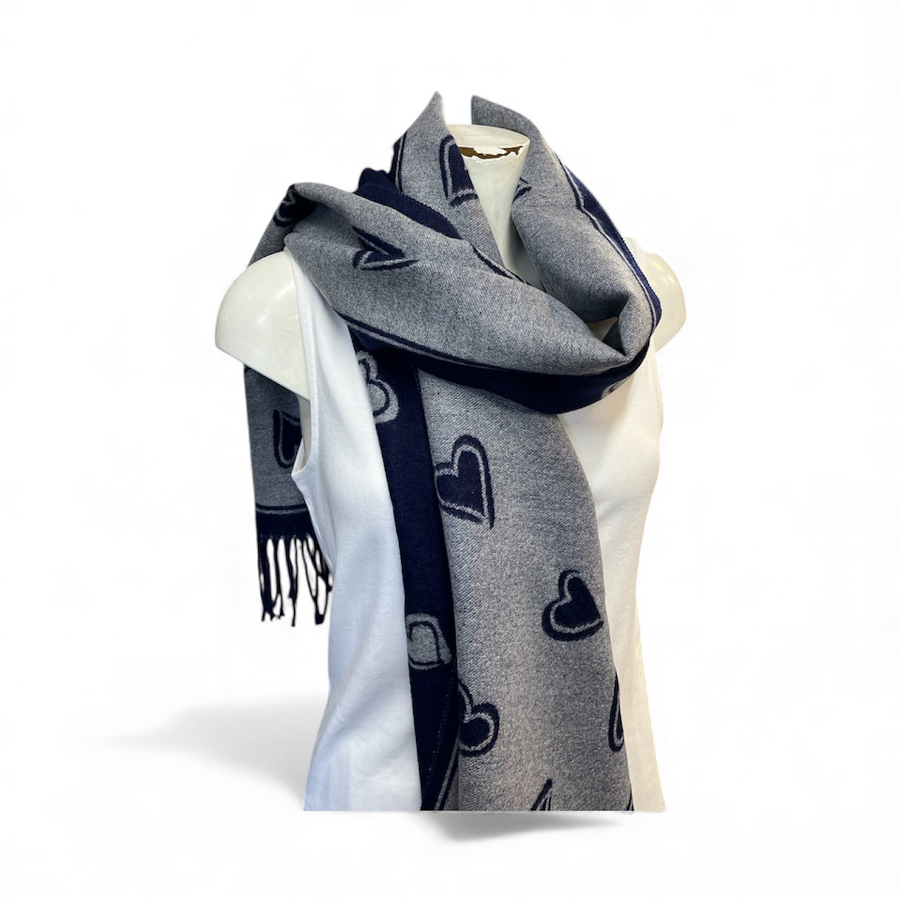 Grey and Navy heart print winter scarf