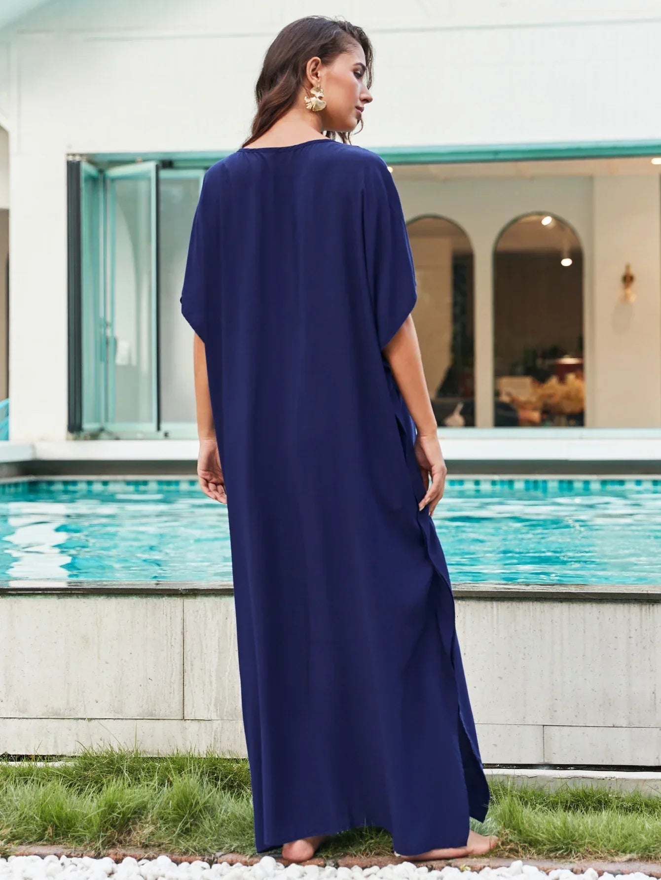 Deep V Neck Embroidery Printed Plus Size Kaftn