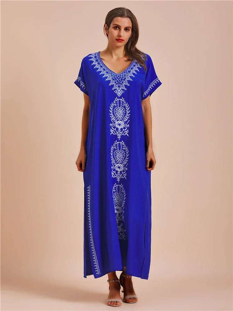 Embroidery Robe V-neck Batwing Sleeve Beach Maxi Dress