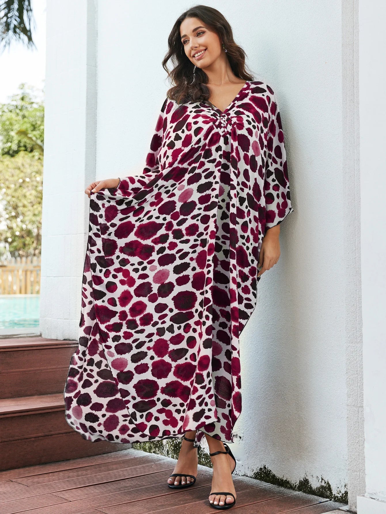 Bohemian Printed Multicolor V Neck Batwing Kaftan