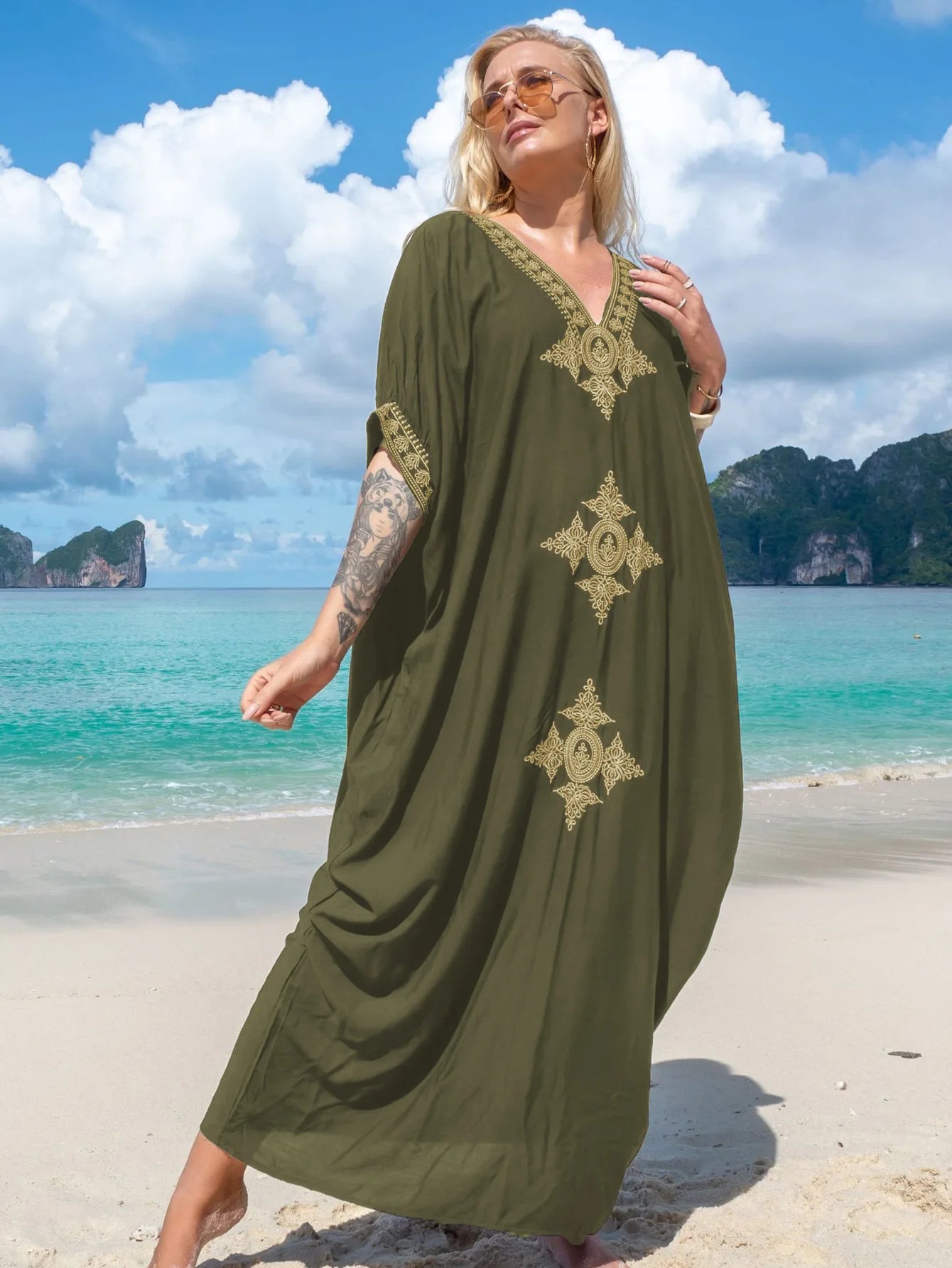 Women's Embroidery Swimsuit Cover Ups Beach Cover Up Caftan Plus Size Vneck Rainbow Ethnic Print Kaftan Batwing