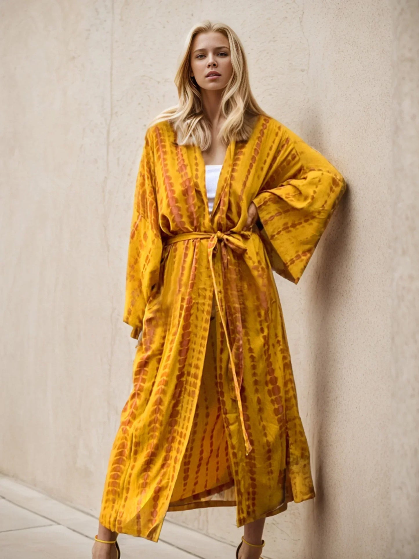 Boho Tie Dye Print Belted Kimono