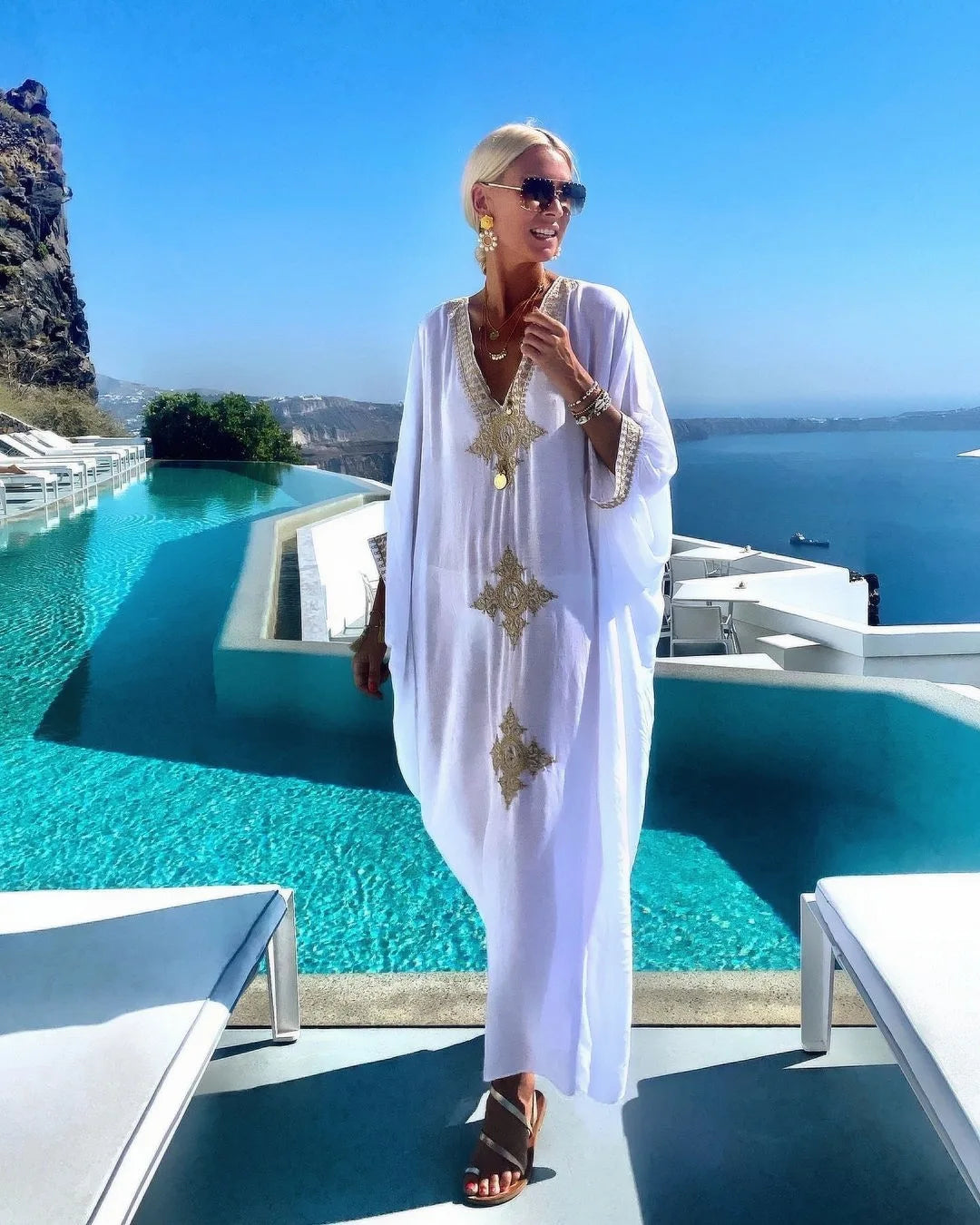 Women's Embroidery Swimsuit Cover Ups Beach Cover Up Caftan Plus Size Vneck Rainbow Ethnic Print Kaftan Batwing