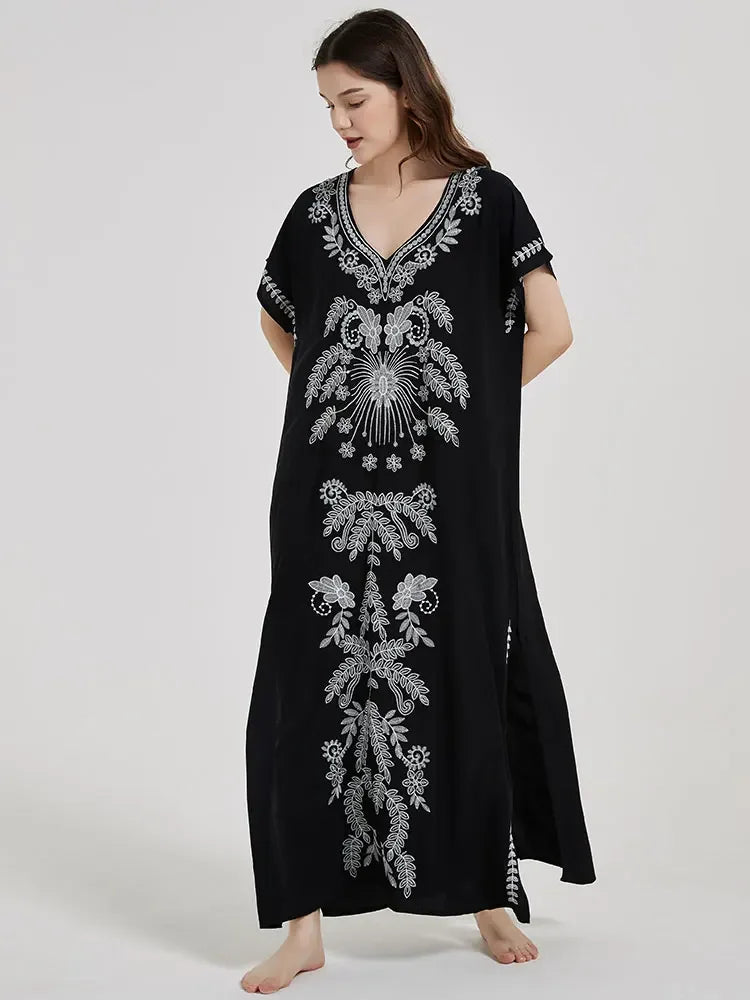 Embroidery Robe V-neck Batwing Sleeve Beach Maxi Dress