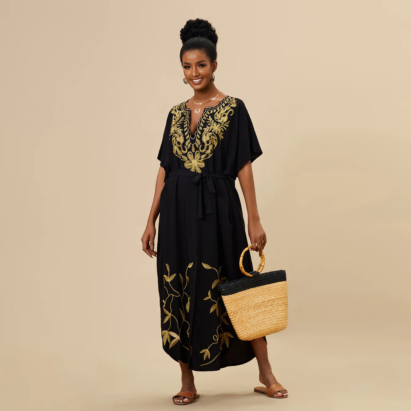 Embroidered Bathing Suit Kaftan Dresses Summer Outfit for Women Swimsuit Cover Ups Beach Caftan Maxi Dress