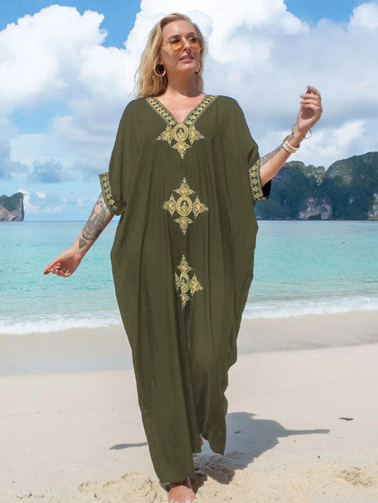 Women's Embroidery Swimsuit Cover Ups Beach Cover Up Caftan Plus Size Vneck Rainbow Ethnic Print Kaftan Batwing