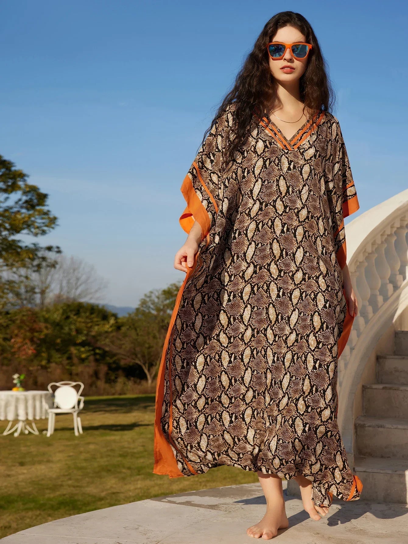 Bohemian Brown Snake Printed V Neck Kaftan