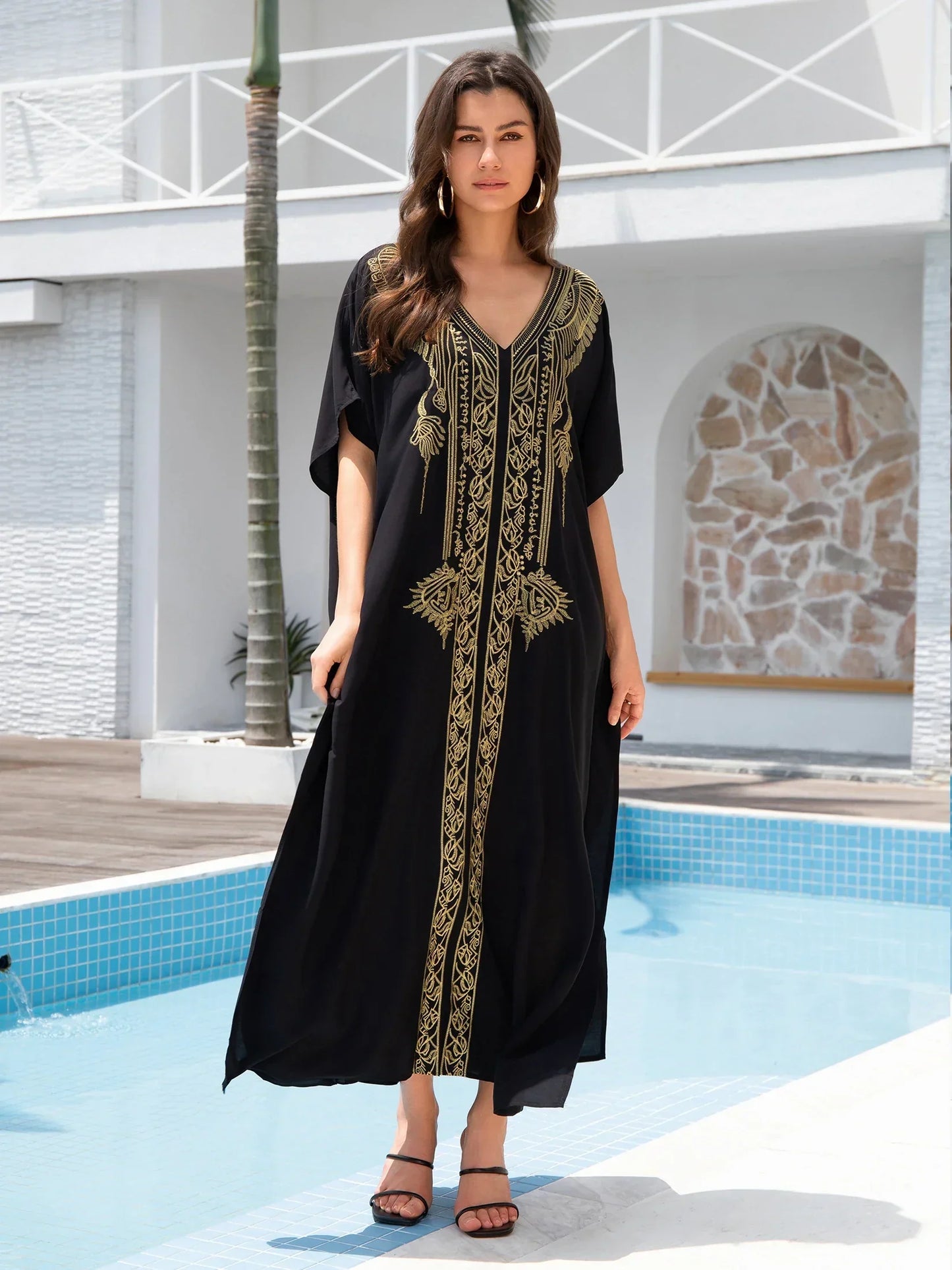 Bohemian Gold Embroidery Printed Batwing Sleeve Kaftan Dress