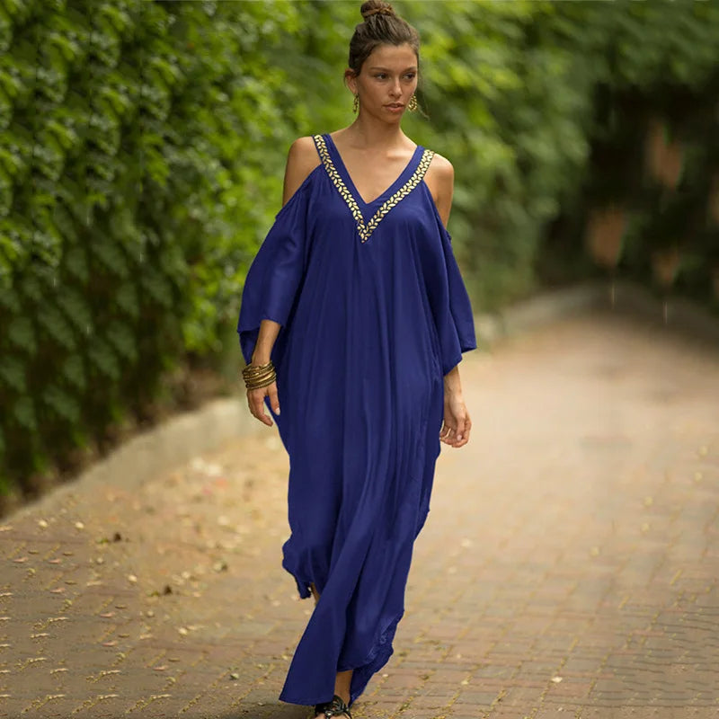 Kaftan Dresses Swimsuit Cover Up Maxi Dress Beach Wear Turkish Cold Shoulder Beach Outifits Summer Vacation