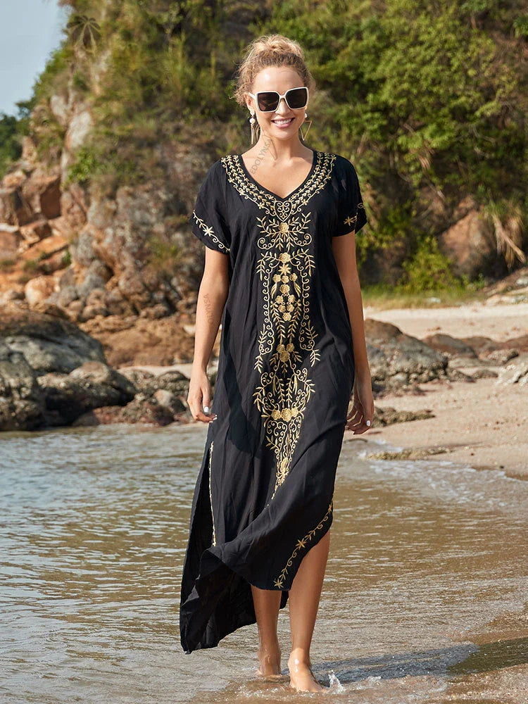 Embroidery Robe V-neck Batwing Sleeve Beach Maxi Dress
