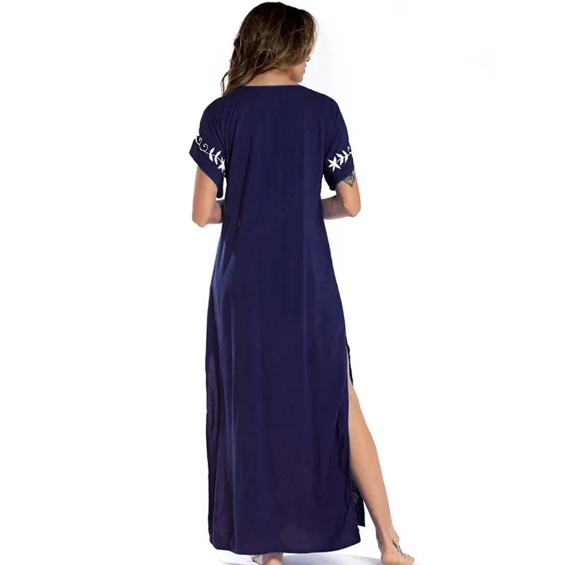 Embroidery Robe V-neck Batwing Sleeve Beach Maxi Dress