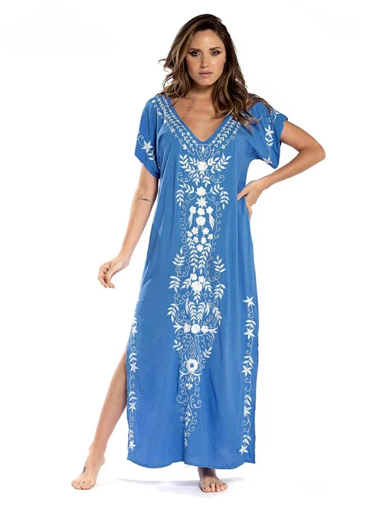 Embroidery Robe V-neck Batwing Sleeve Beach Maxi Dress