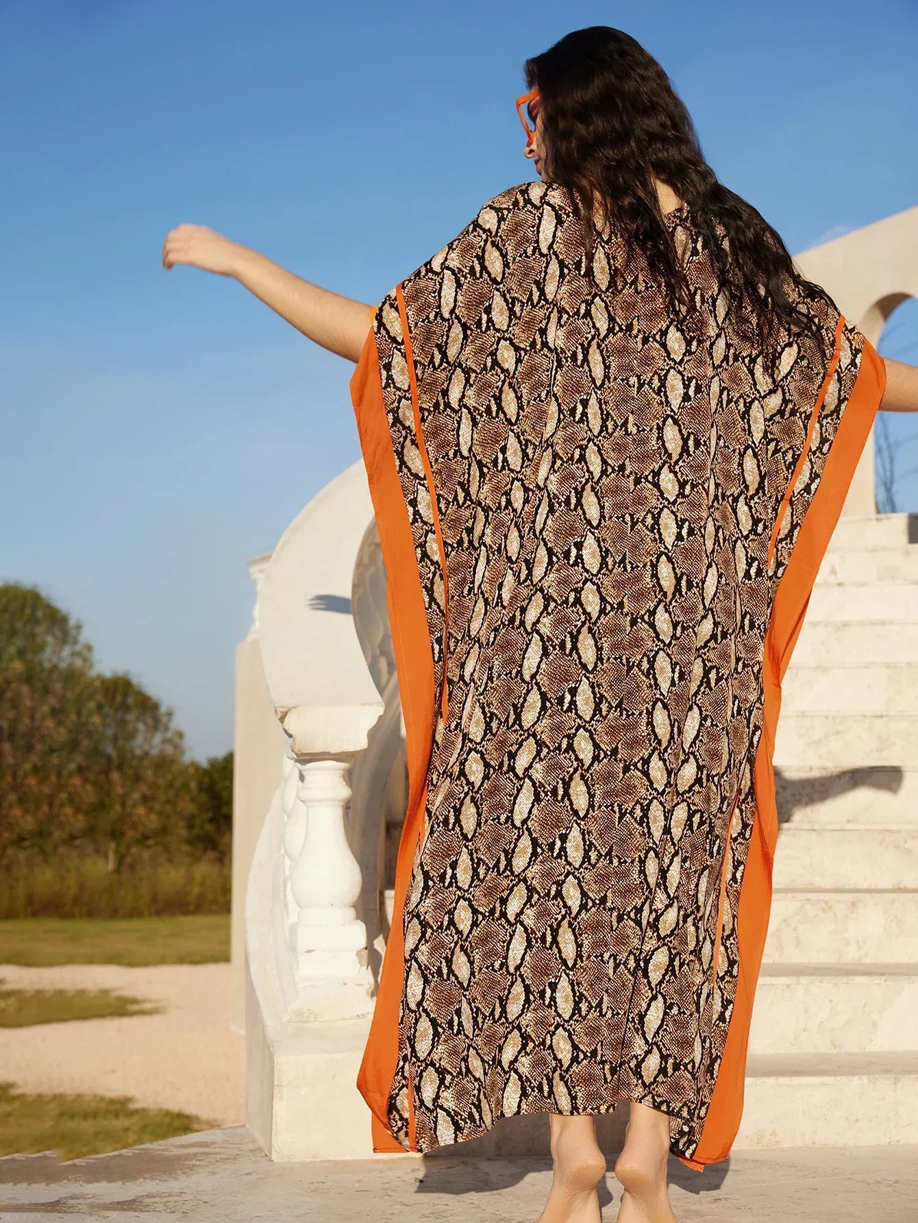 Bohemian Brown Snake Printed V Neck Kaftan