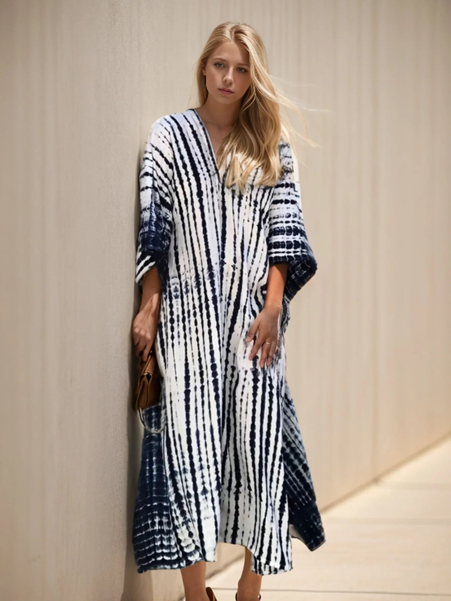 Plus Size Striped Tie-dye V-neck Short Sleeve Kaftan /flash offer