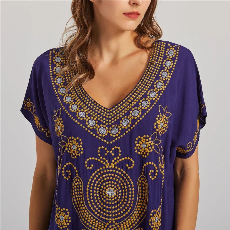 Embroidery Robe V-neck Batwing Sleeve Beach Maxi Dress