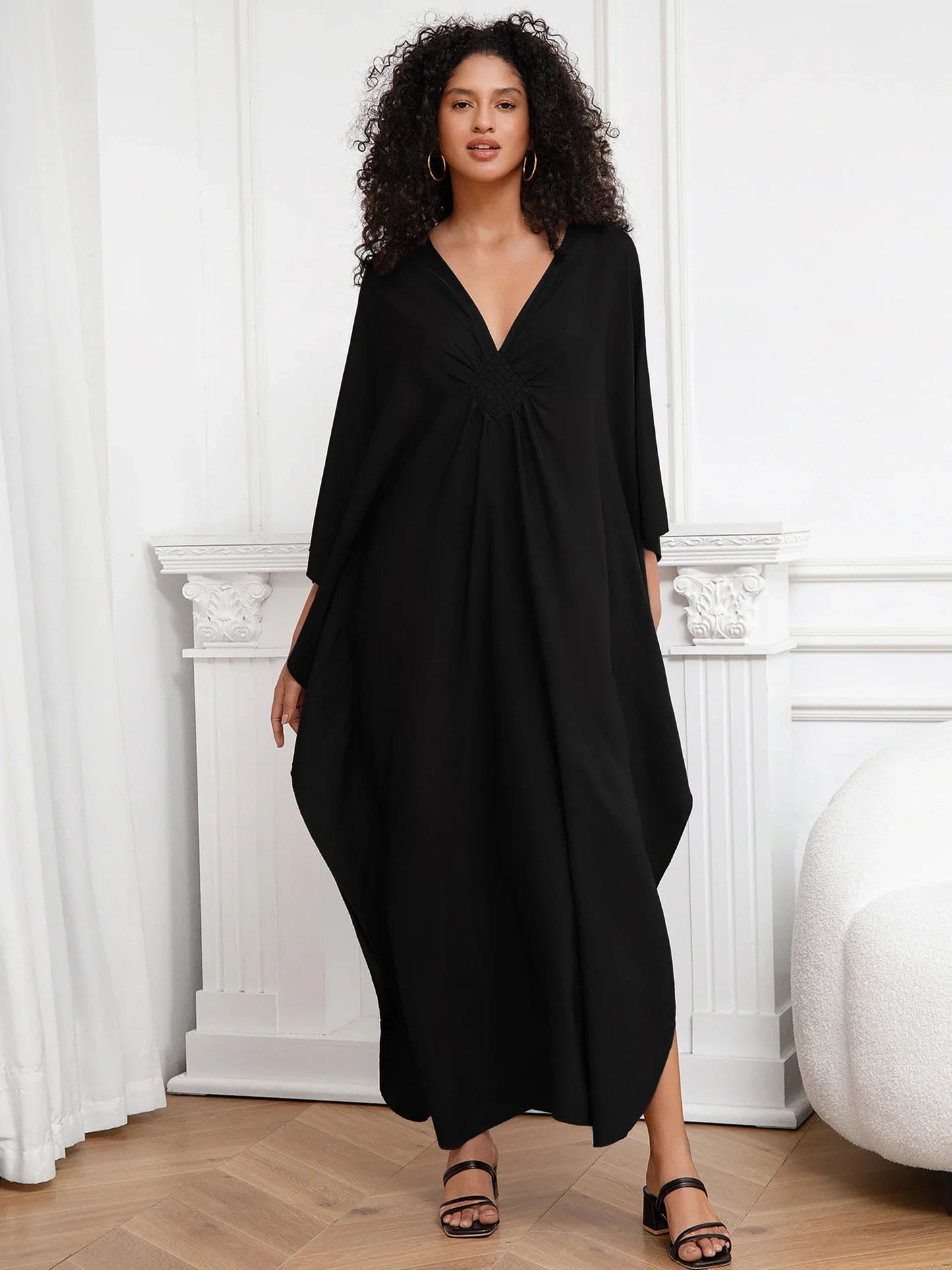 Bohemian Solid V-neck Batwing Sleeve Loose Maxi Dress