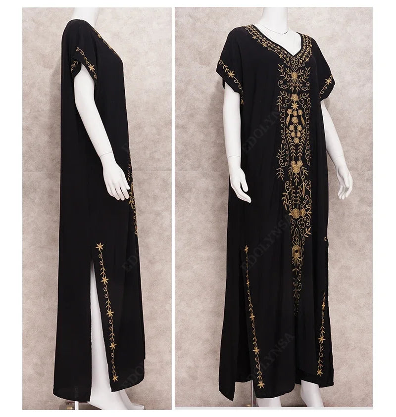 Embroidery Robe V-neck Batwing Sleeve Beach Maxi Dress