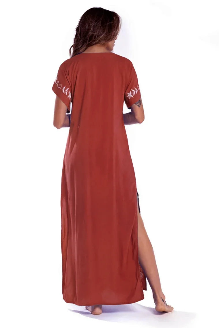 Embroidery Robe V-neck Batwing Sleeve Beach Maxi Dress