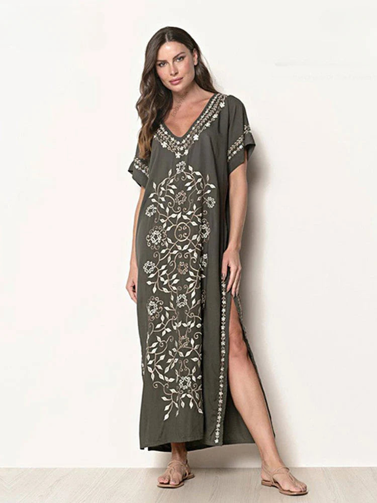 Embroidery Robe V-neck Batwing Sleeve Beach Maxi Dress