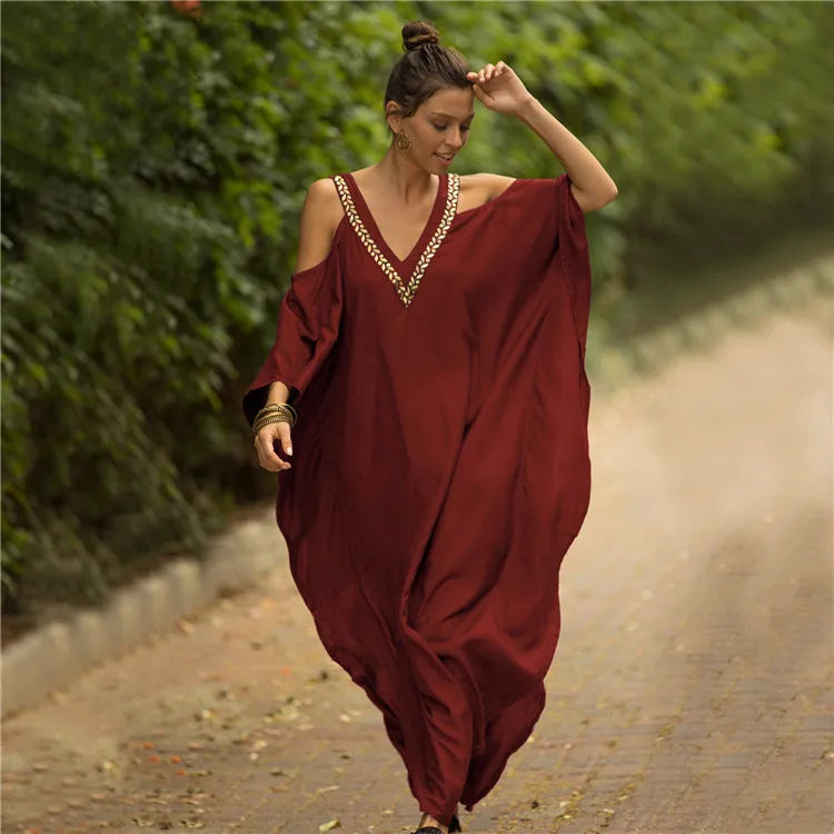 Kaftan Dresses Swimsuit Cover Up Maxi Dress Beach Wear Turkish Cold Shoulder Beach Outifits Summer Vacation