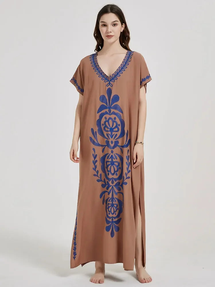 Embroidery Robe V-neck Batwing Sleeve Beach Maxi Dress