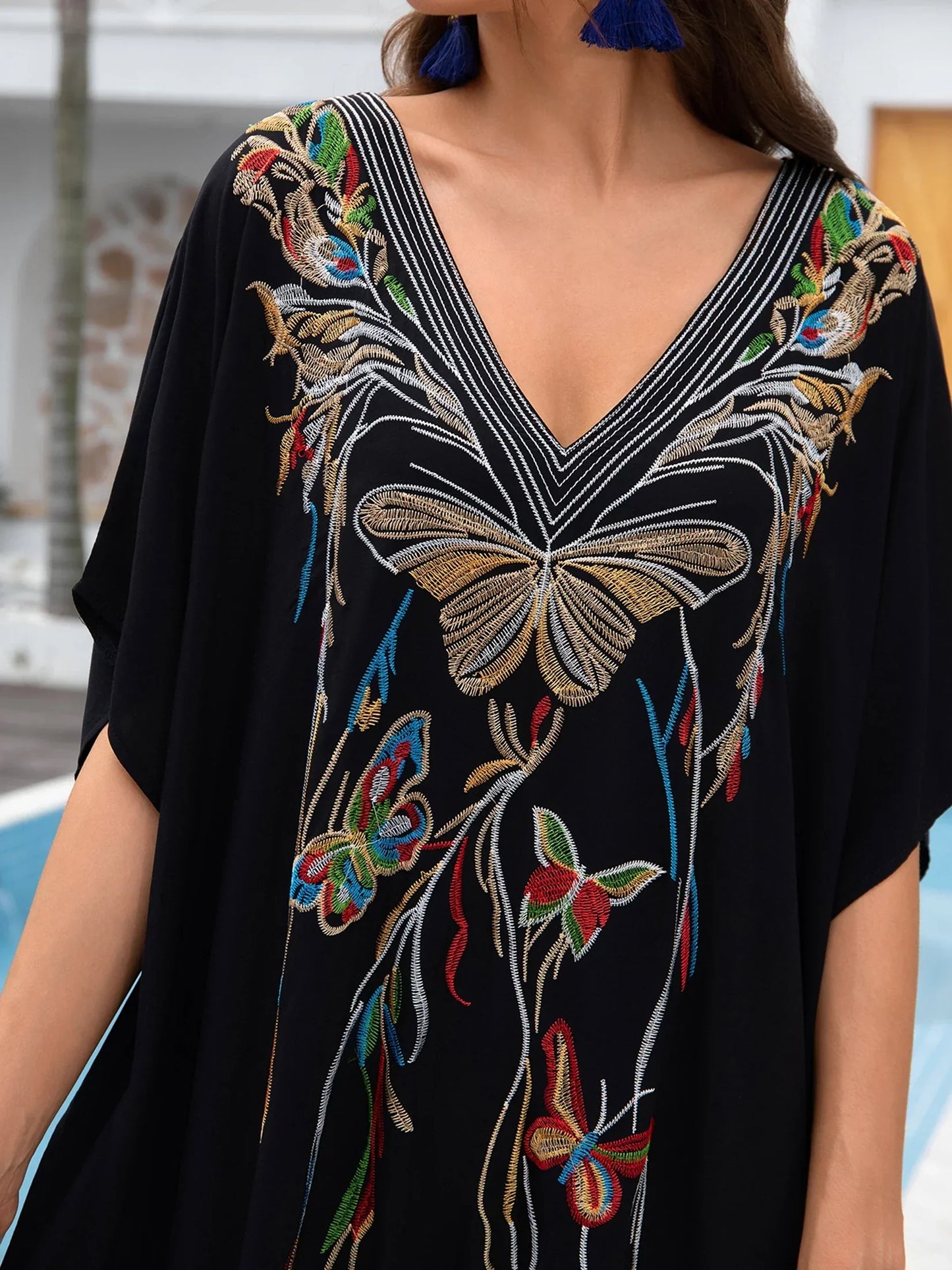 Butterfly Embroidery Print Batwing Sleeve Kaftan