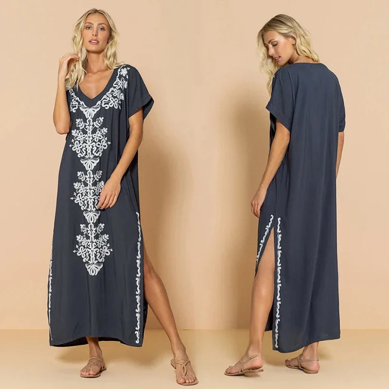 Embroidery Robe V-neck Batwing Sleeve Beach Maxi Dress
