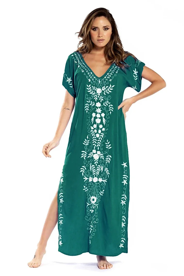Embroidery Robe V-neck Batwing Sleeve Beach Maxi Dress