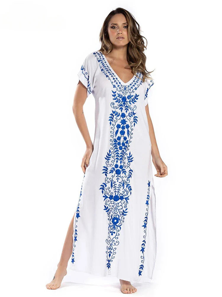 Embroidery Robe V-neck Batwing Sleeve Beach Maxi Dress