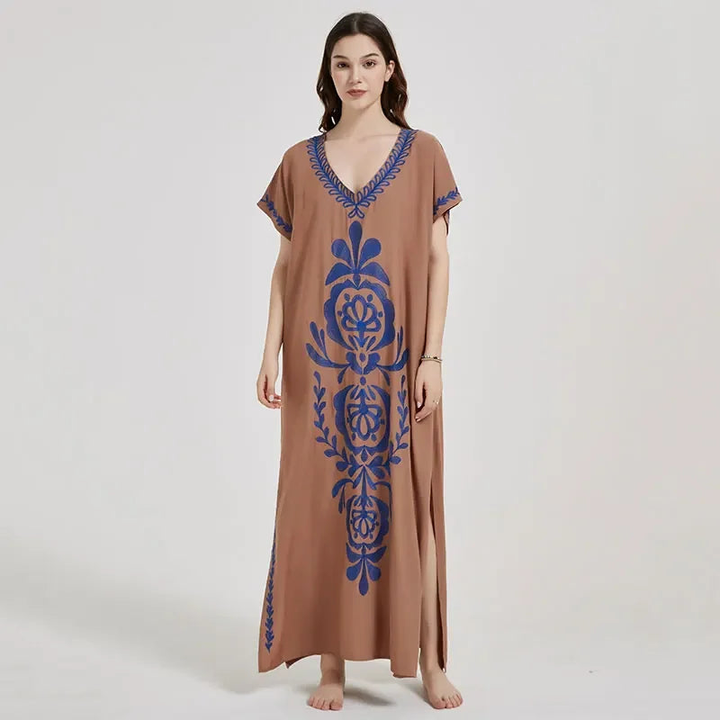 Embroidery Robe V-neck Batwing Sleeve Beach Maxi Dress