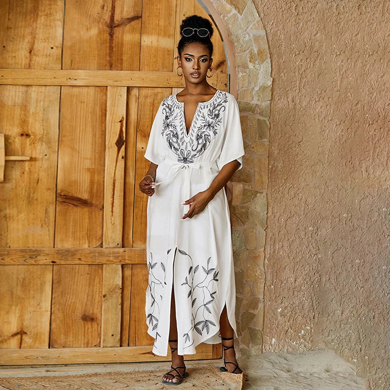 Embroidered Bathing Suit Kaftan Dresses Summer Outfit for Women Swimsuit Cover Ups Beach Caftan Maxi Dress