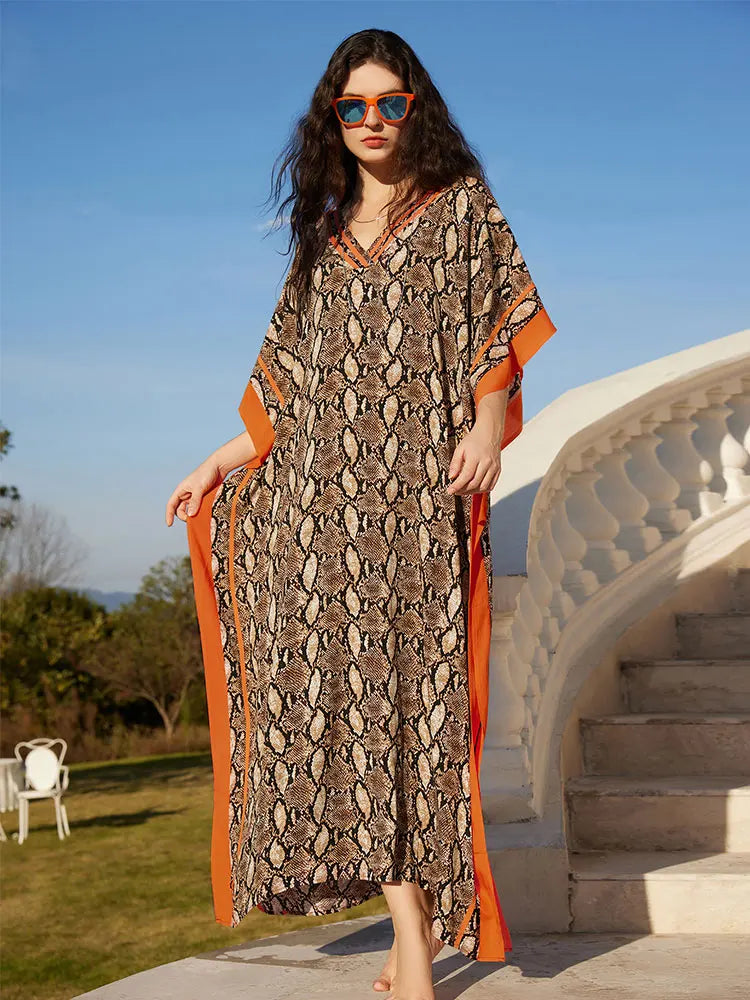 Bohemian Brown Snake Printed V Neck Kaftan