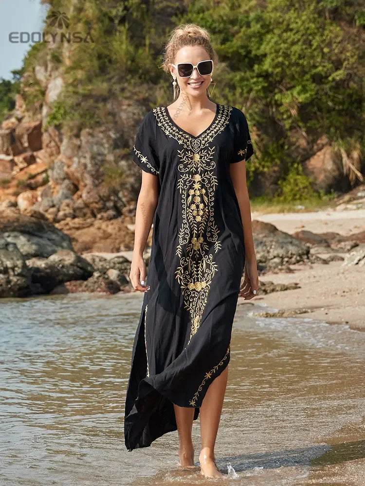 Embroidery Robe V-neck Batwing Sleeve Beach Maxi Dress