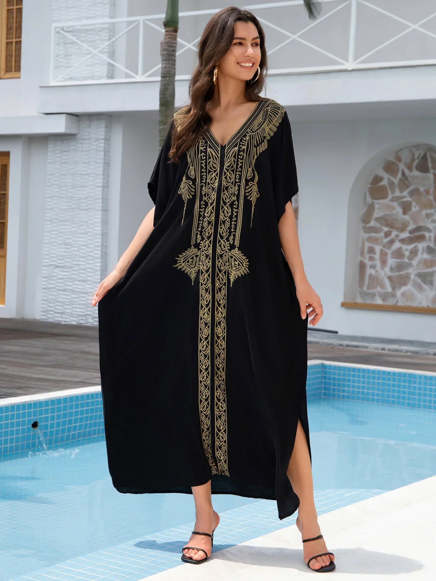 Bohemian Gold Embroidery Printed Batwing Sleeve Kaftan Dress