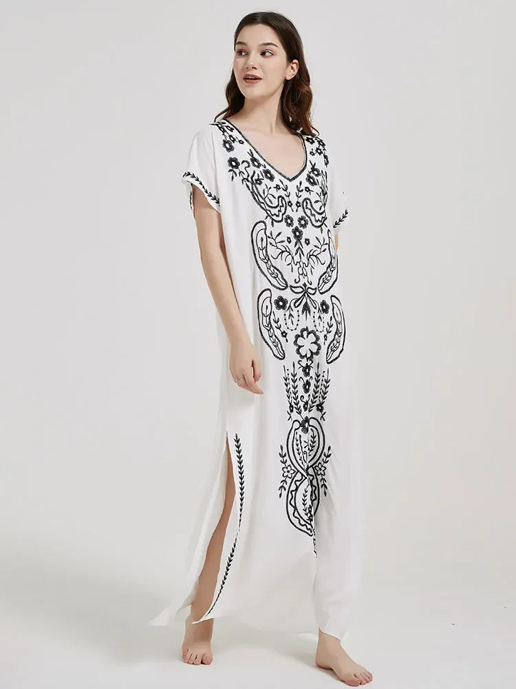 Embroidery Robe V-neck Batwing Sleeve Beach Maxi Dress