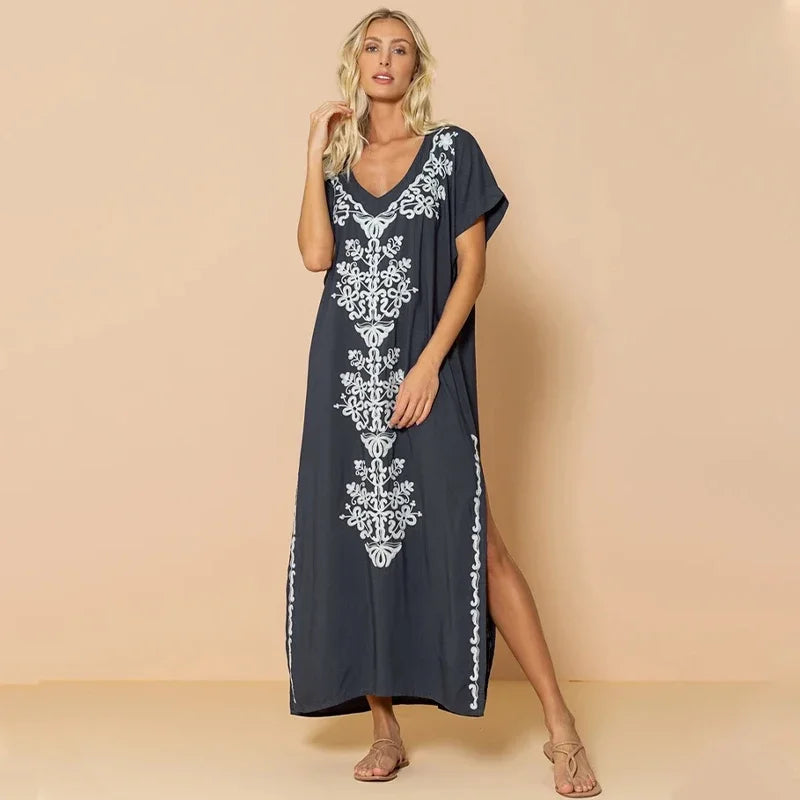 Embroidery Robe V-neck Batwing Sleeve Beach Maxi Dress