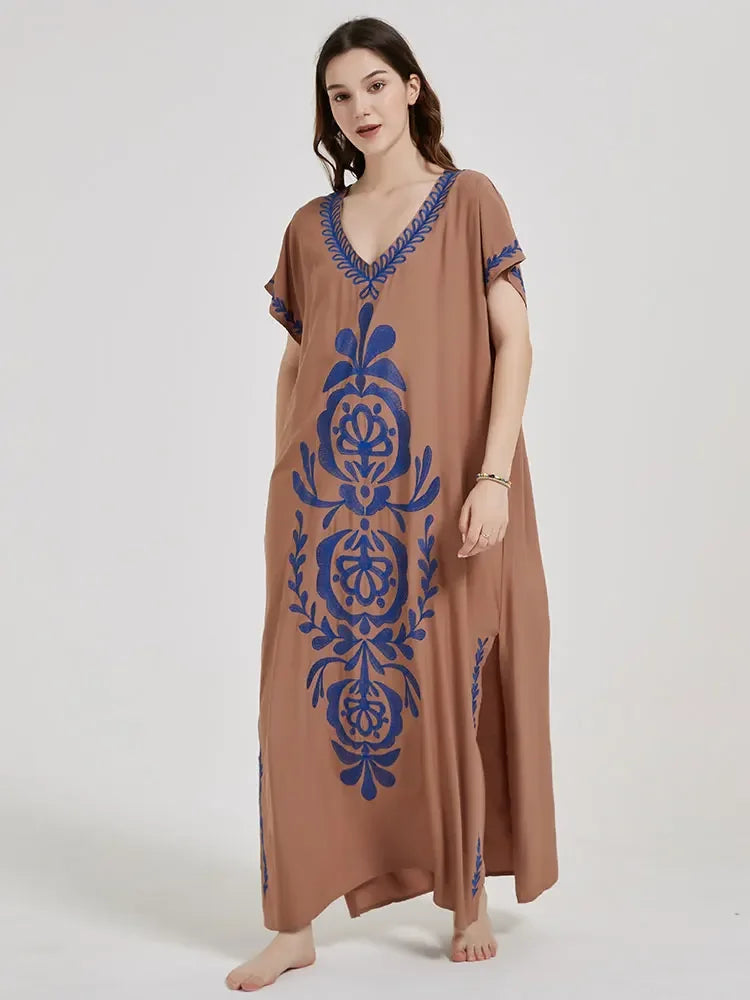 Embroidery Robe V-neck Batwing Sleeve Beach Maxi Dress