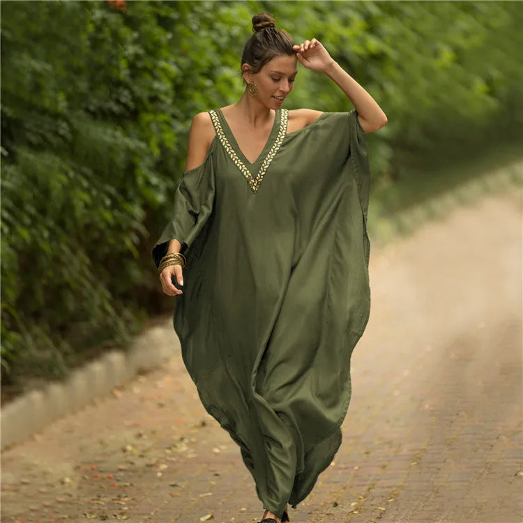 Kaftan Dresses Swimsuit Cover Up Maxi Dress Beach Wear Turkish Cold Shoulder Beach Outifits Summer Vacation