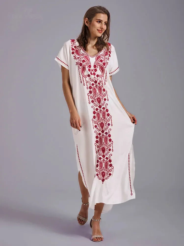 Embroidery Robe V-neck Batwing Sleeve Beach Maxi Dress
